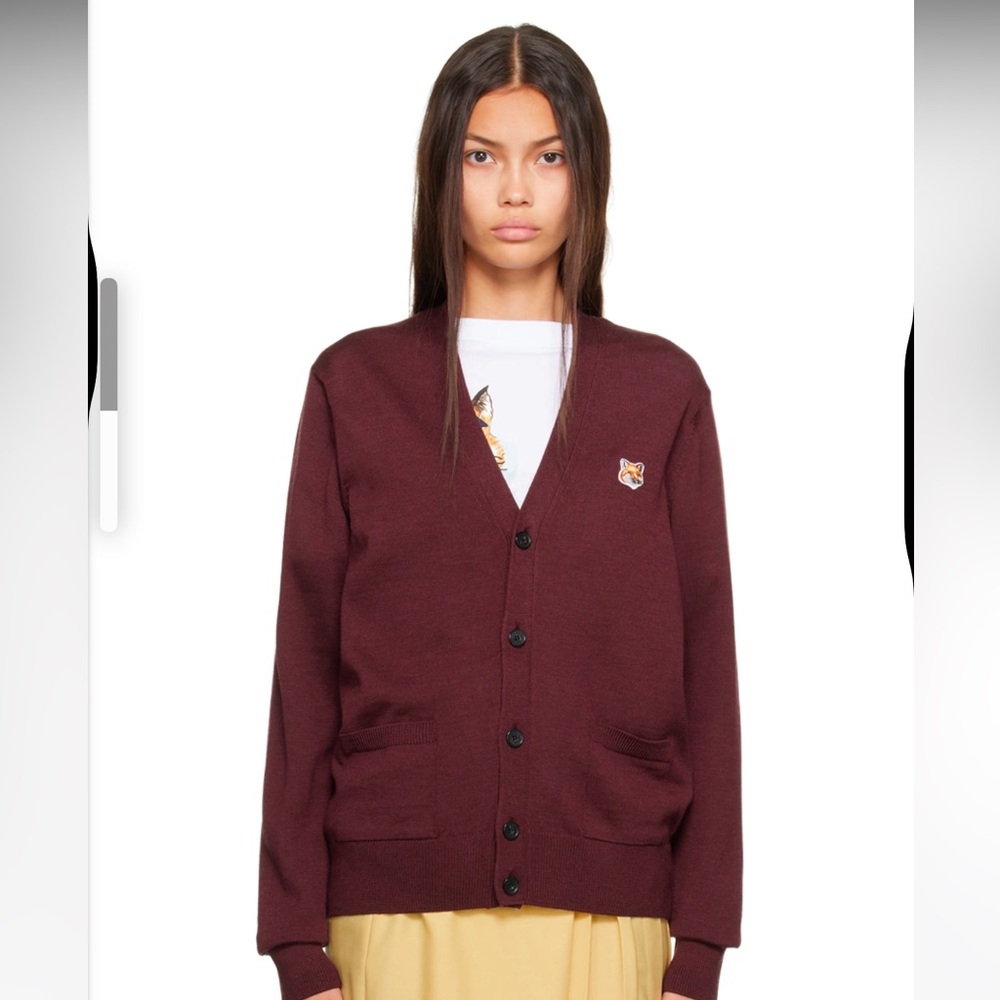 Maison Kitsune Burgandy Fox Head Cardigan, XS, New With Tag